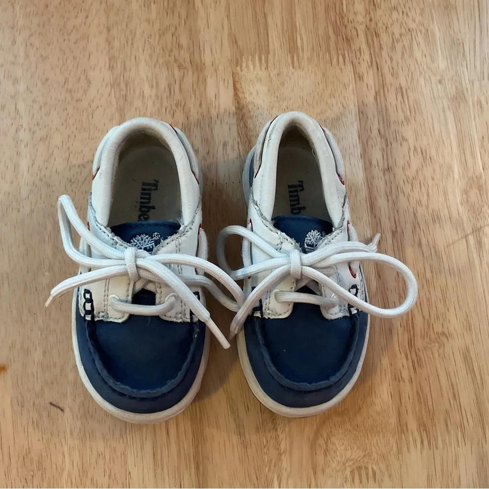 Timberland Baby Shoes Size 6 Blue White Red Lace Up Leather Boat Shoes Classic